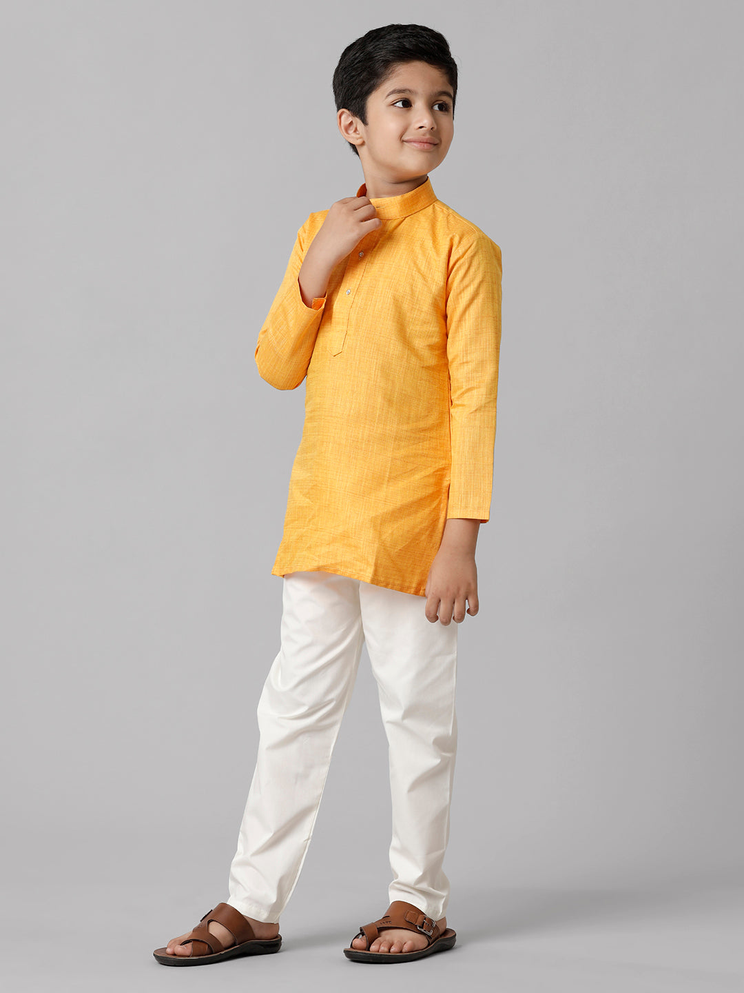 Boys Cotton Full Sleeves Yellow Kurta with Cream Pyjama Pant Combo FS1-Side alternativeview