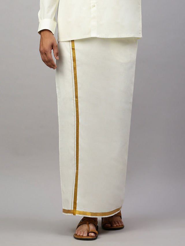 Men Cream with 3/4" Gold Jari Border Readymade Adjustable Dhoti 248 (2PCs Pack)