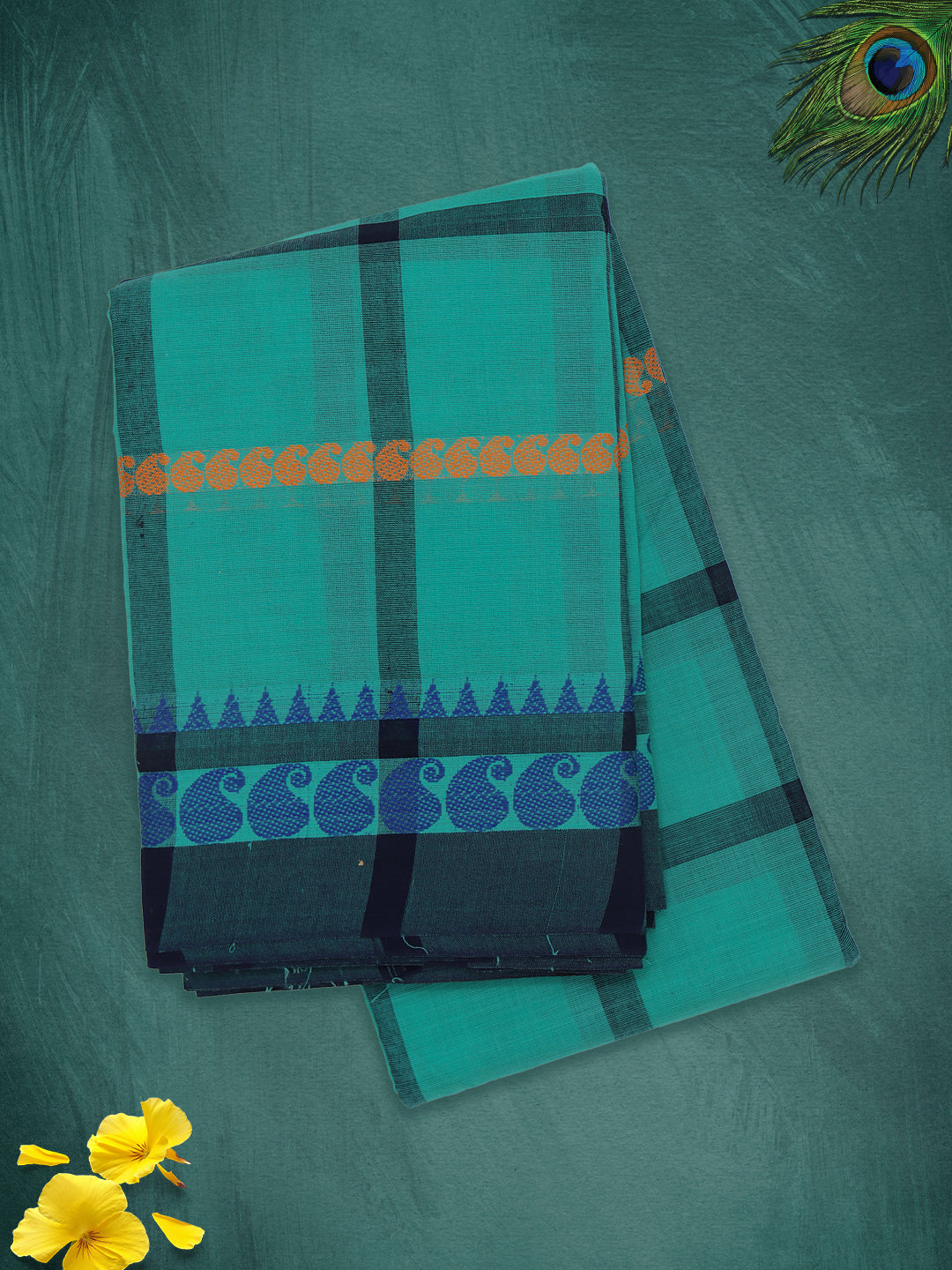 Women Teal Green Checks Pure Chettinad Cotton Saree PCS219