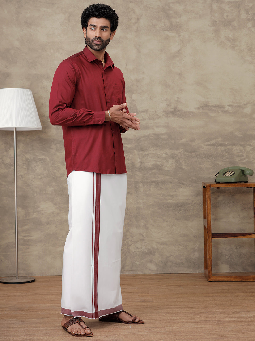 Men Dark Red Colour Shirt With Matching Border Dhoti Set Evolution