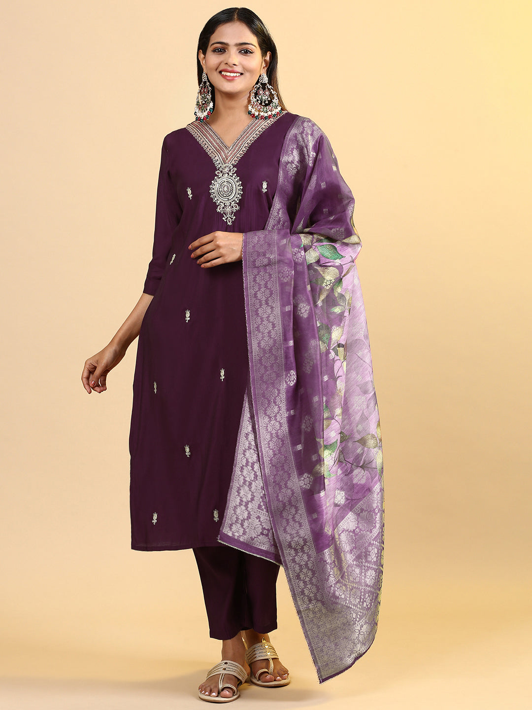 Women Cotton Embroidered Kurti Sets Purple EKS16