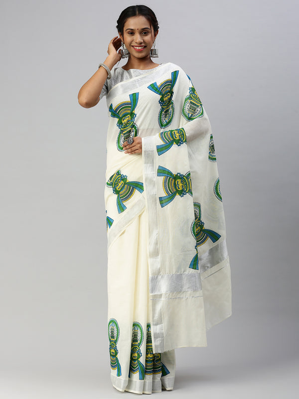 Womens Kerala Off White Kathakali Doll Design Printed Silver Jari Saree OKS07