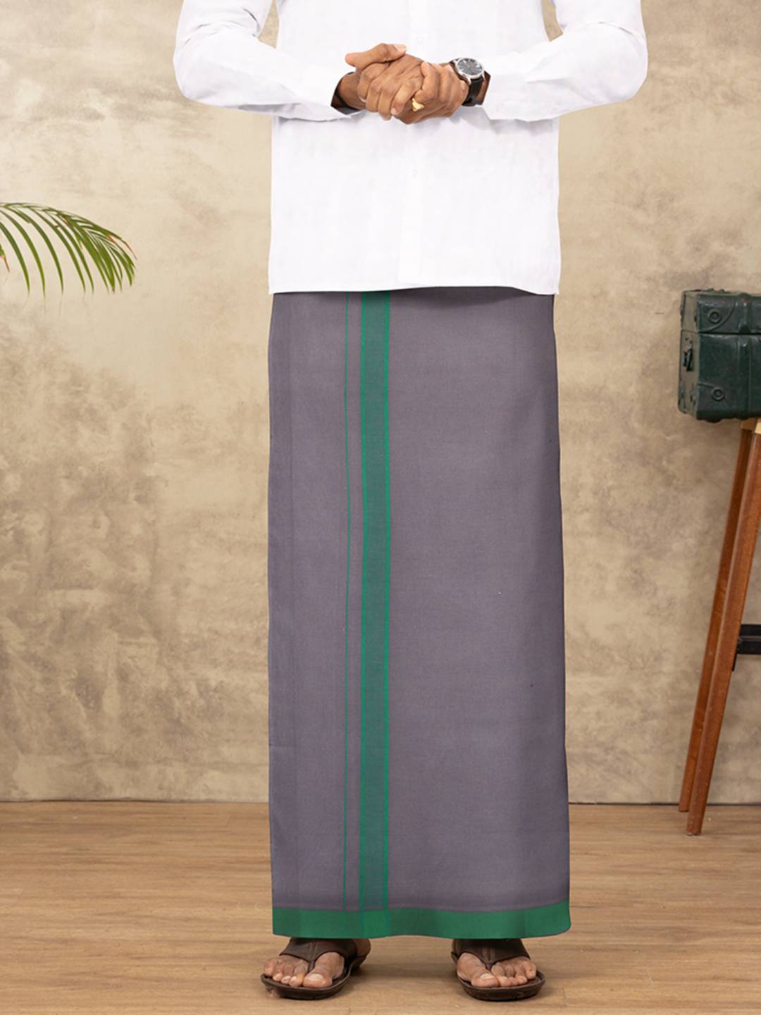 Men 100% Cotton Single Layer Charcoal Dhoti with Assorted Border Ahimsa