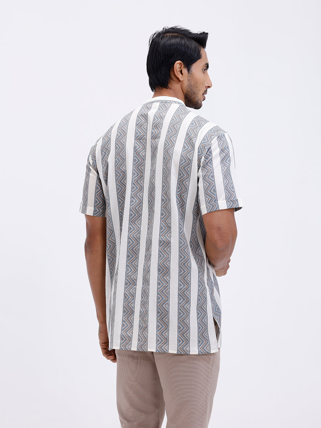 Men Cotton Short Length Printed Pocket Kurta LT Beige OF8