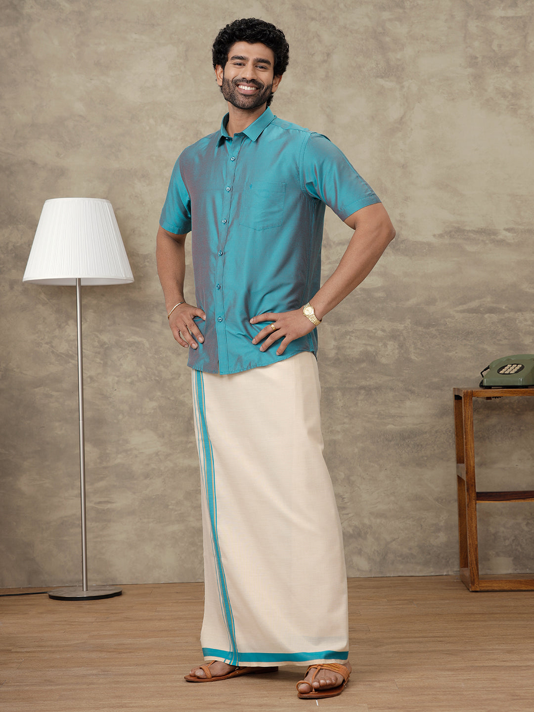 Men Jungle Green Silk Cotton Shirt With Matching Border Tissue Dhoti Set CCB Fortune