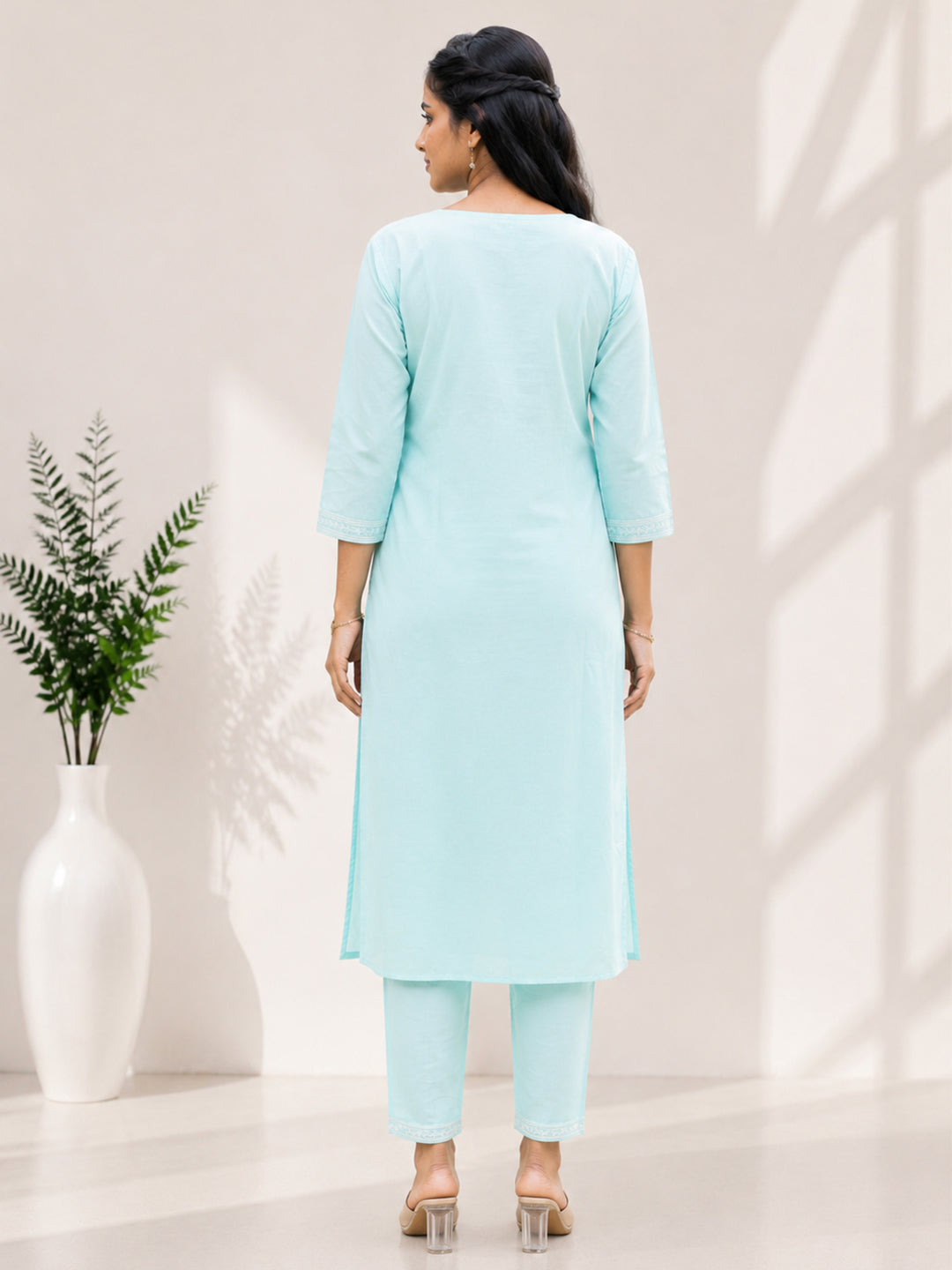 Women Cotton Embroidered Sky Blue Kurti Set EKS139