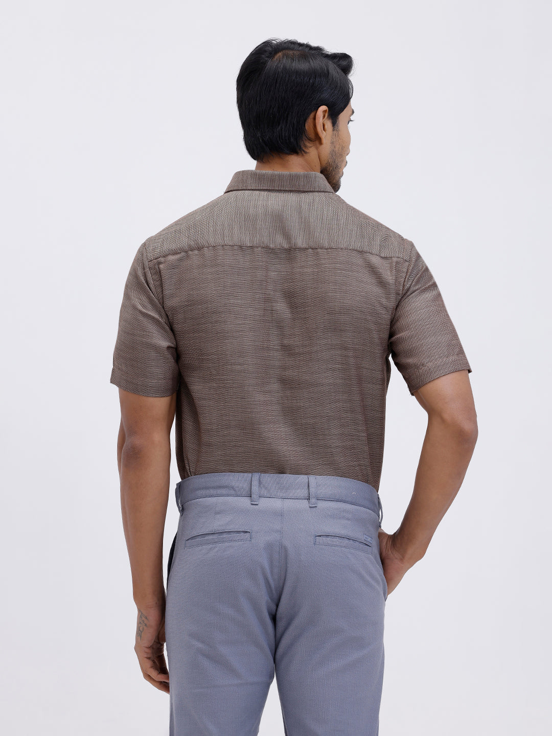 Men Cotton Rich Half Sleeve Shirt Brown Dobby T59 AIT4