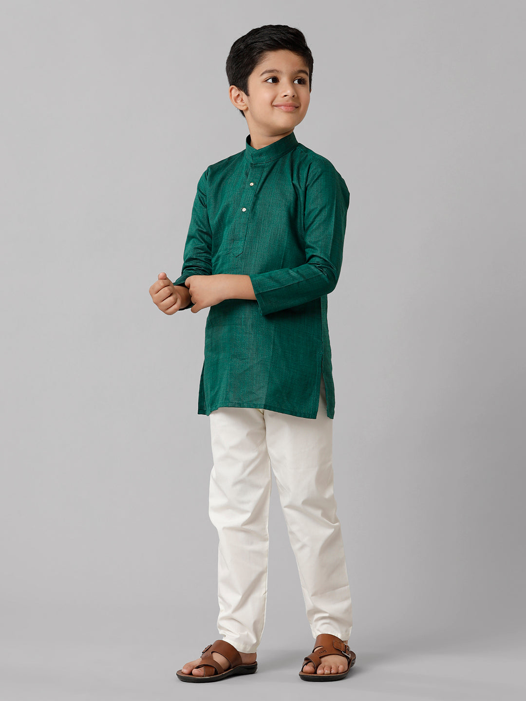 Boys Cotton Full Sleeves Dark Green Kurta with Cream Pyjama Pant Combo FS5-Front view