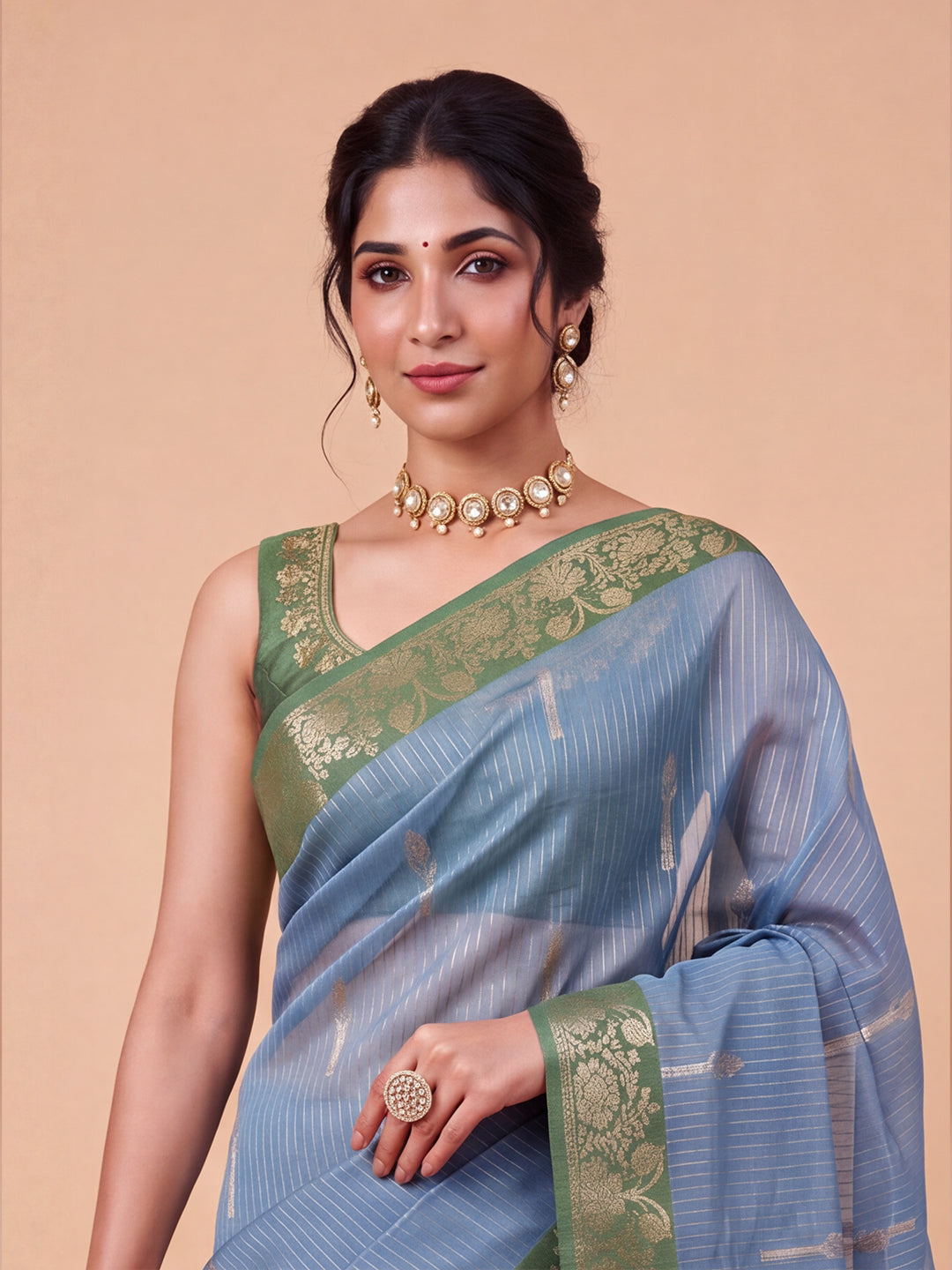 Women Blue with Green Fancy Jaquard Saree FS04