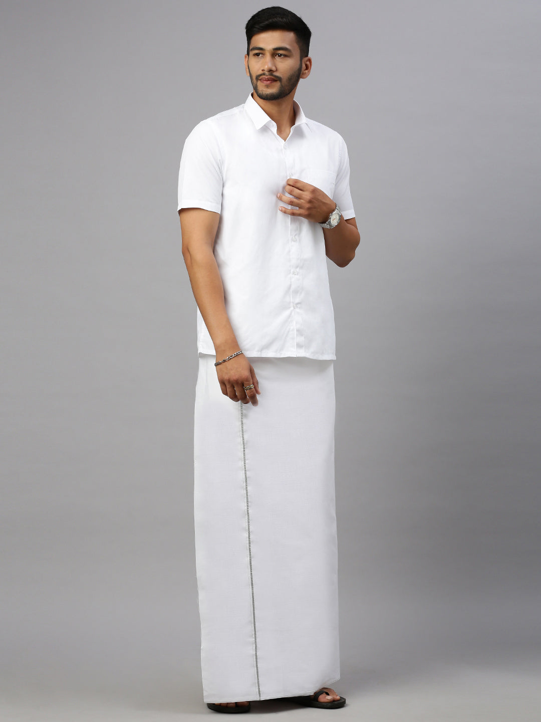 Mens Single Dhoti White with Smart Nice Silver Jari