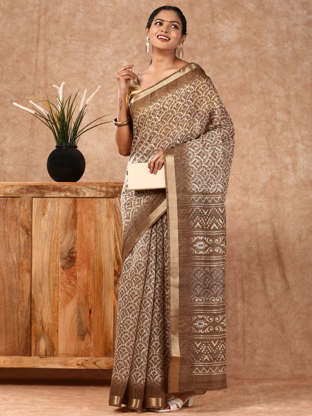 Womens Semi Chanderi Saree Brown SC15