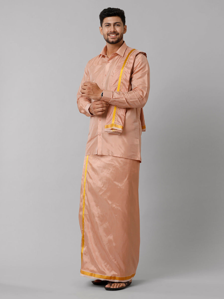 Mens Art Silk Copper Shirt Dhoti Towel Set Swayamvara-Side view