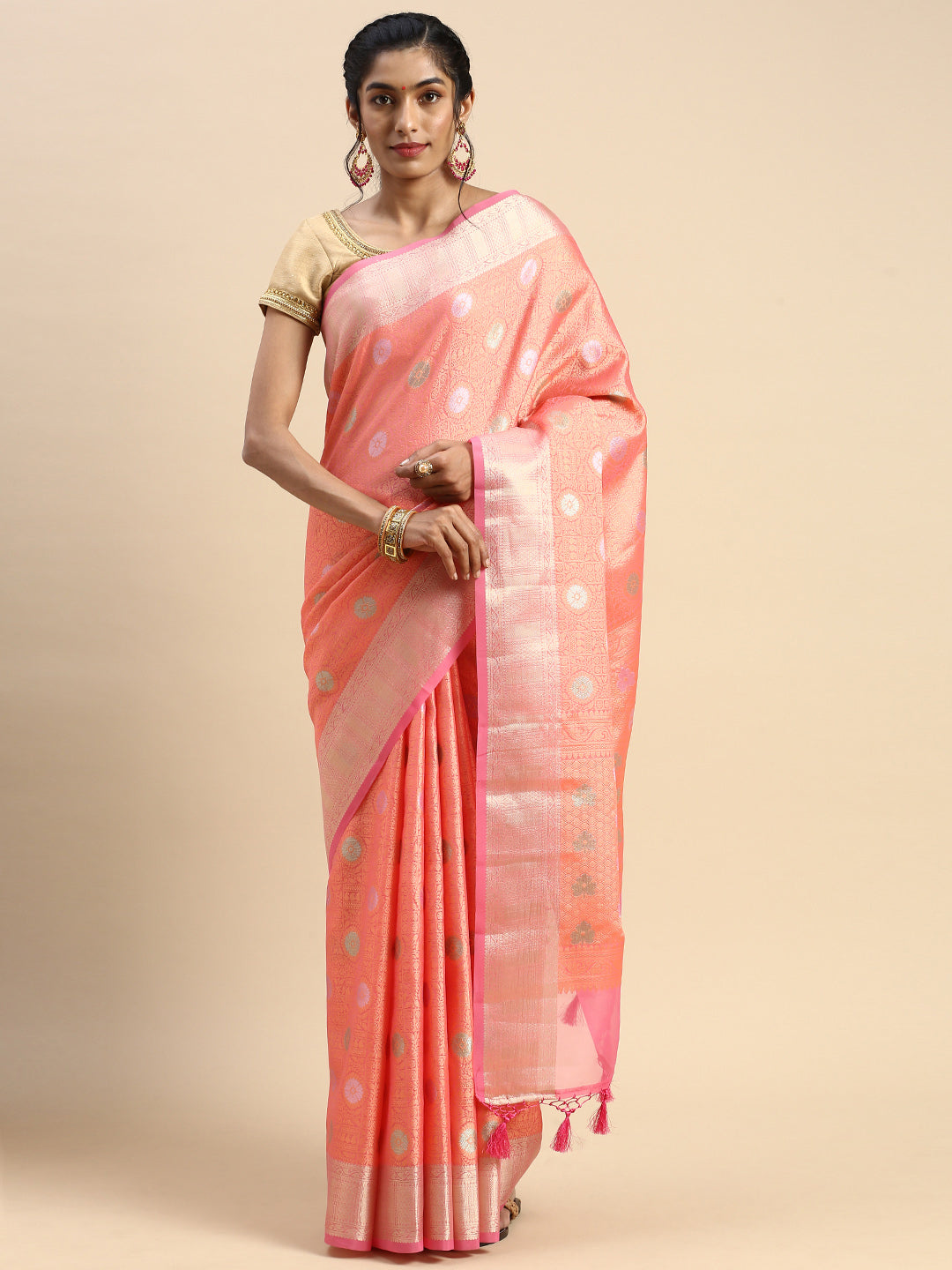 Semi Kora Cotton Allover Design Saree Light Orange & Pink with Zari Border SKCW04