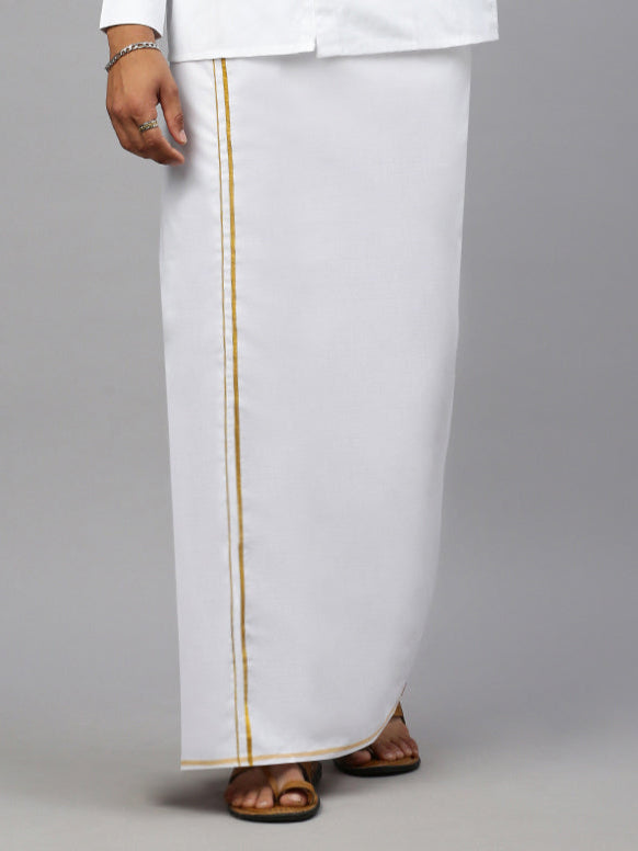 Men White 1/4" Gold Jari Border Single Layer Dhoti Aruthra