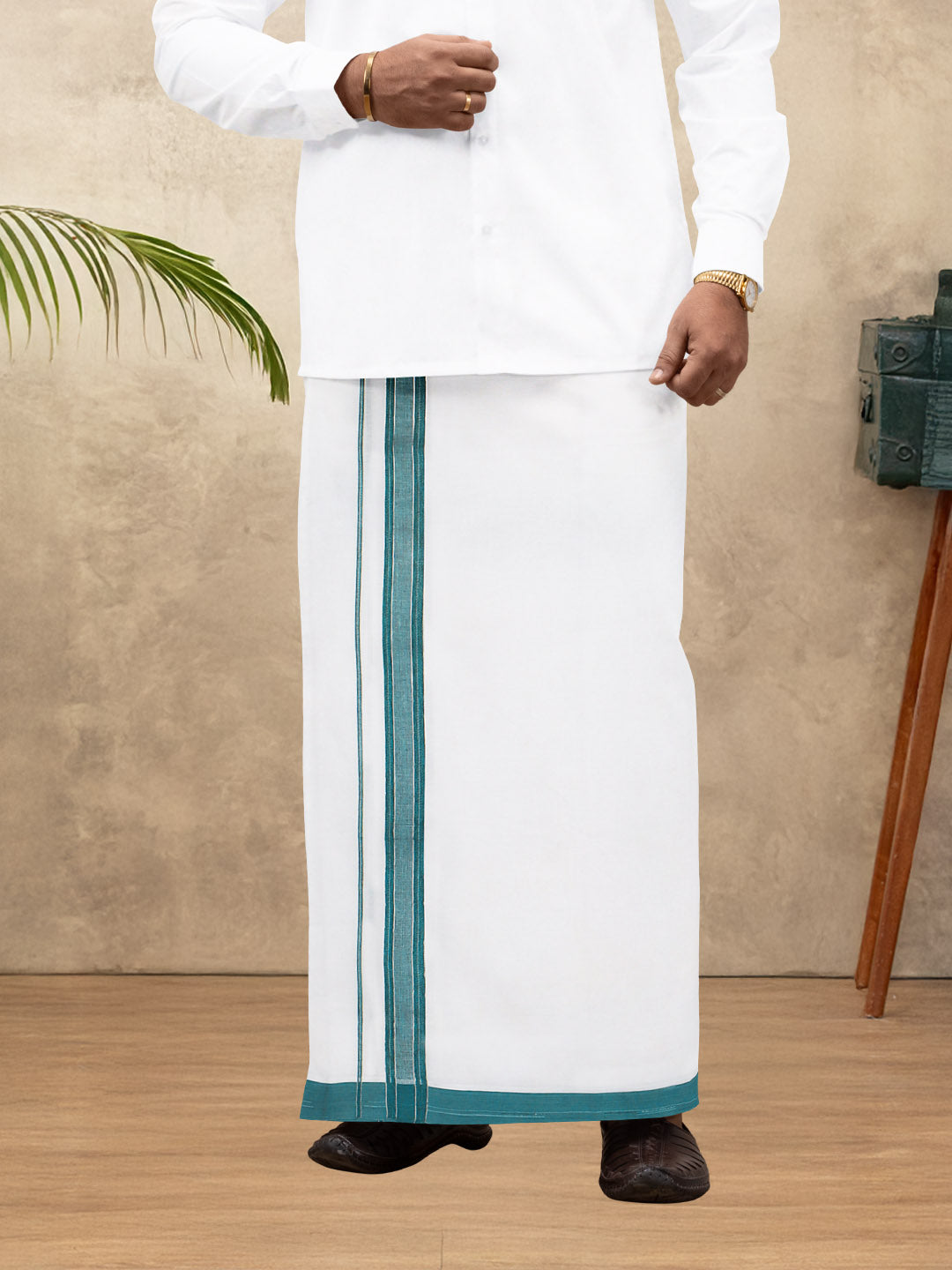 Men 100% Cotton Double Layer White Dhoti with Fancy Jari Border EJF14