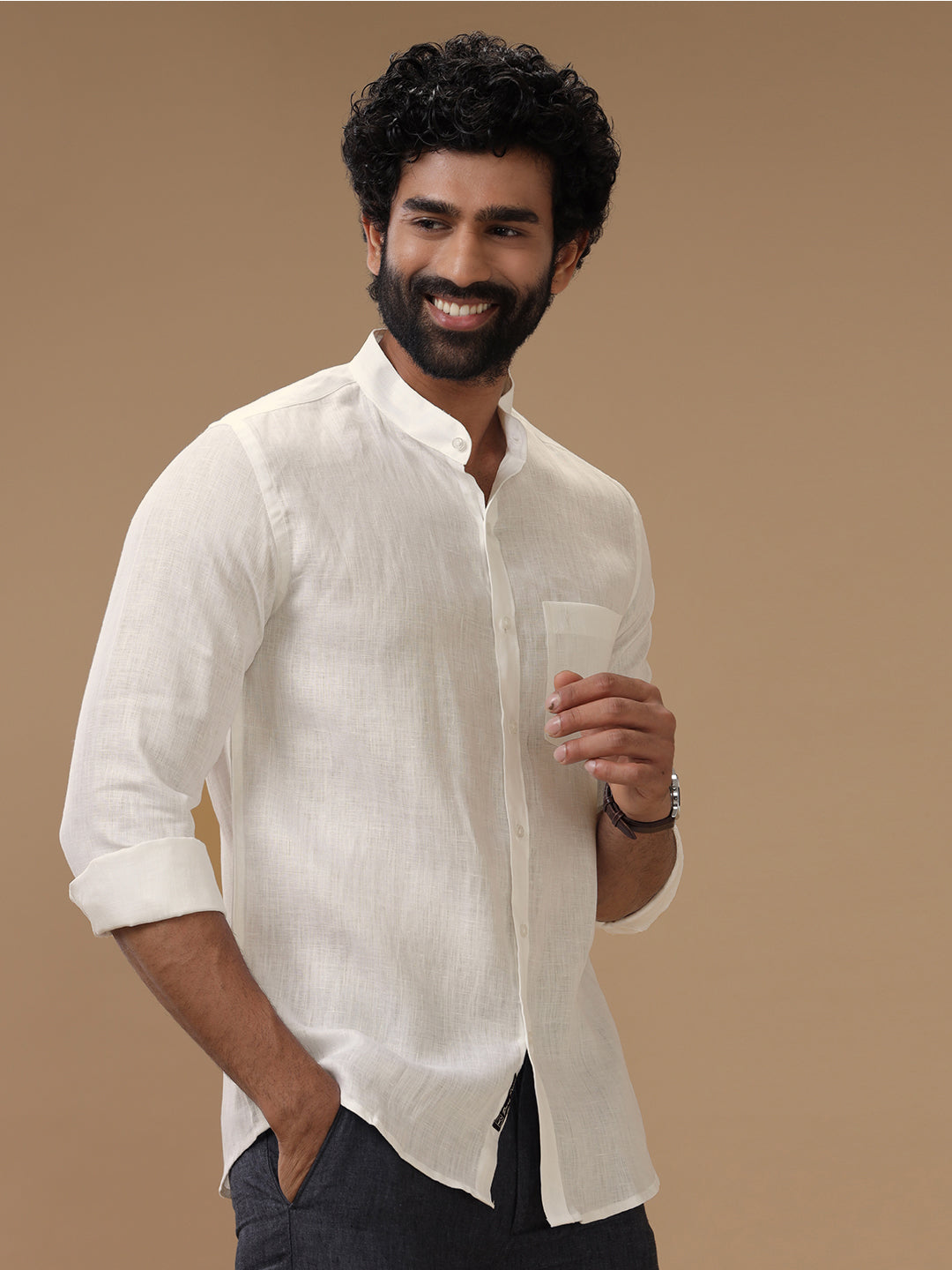 Men Pure Linen Chinese Collar Cream Shirt 5605C