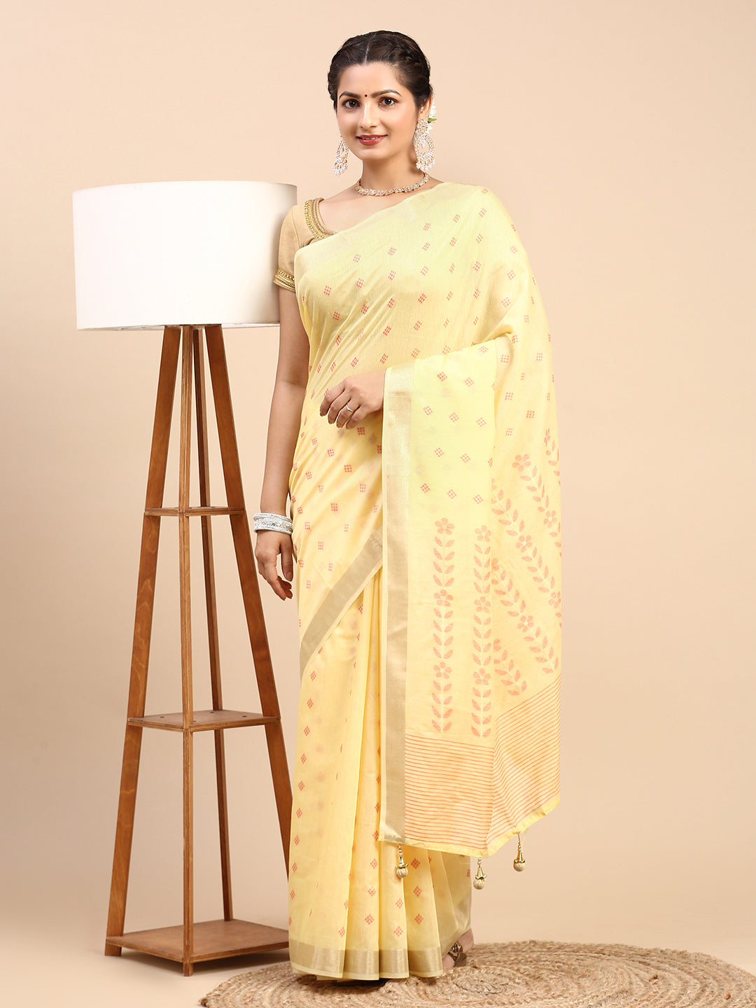 Women Semi Linen Weaving Saree Yellow SL155