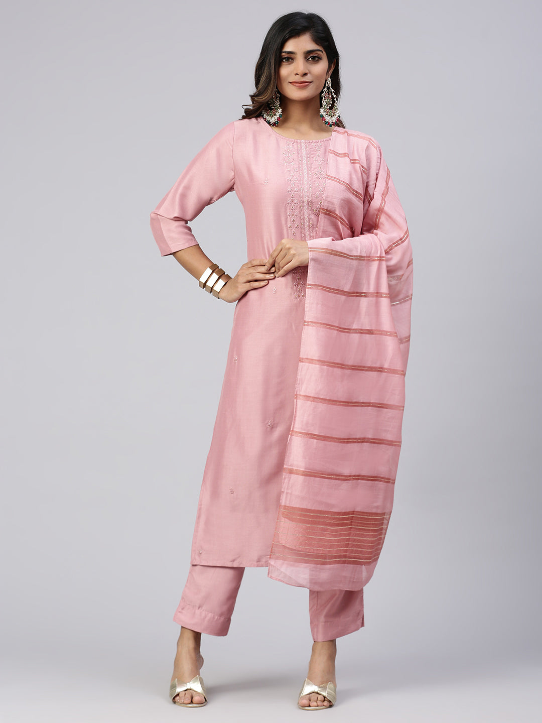 Women Cotton Embroidered Kurti Sets Pink EKS30