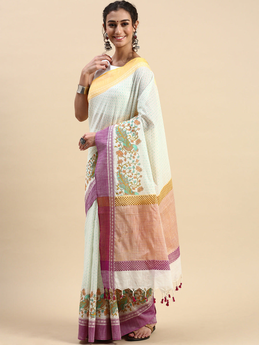 Semi Cotton Printed Saree Sandal and Purple SCS06