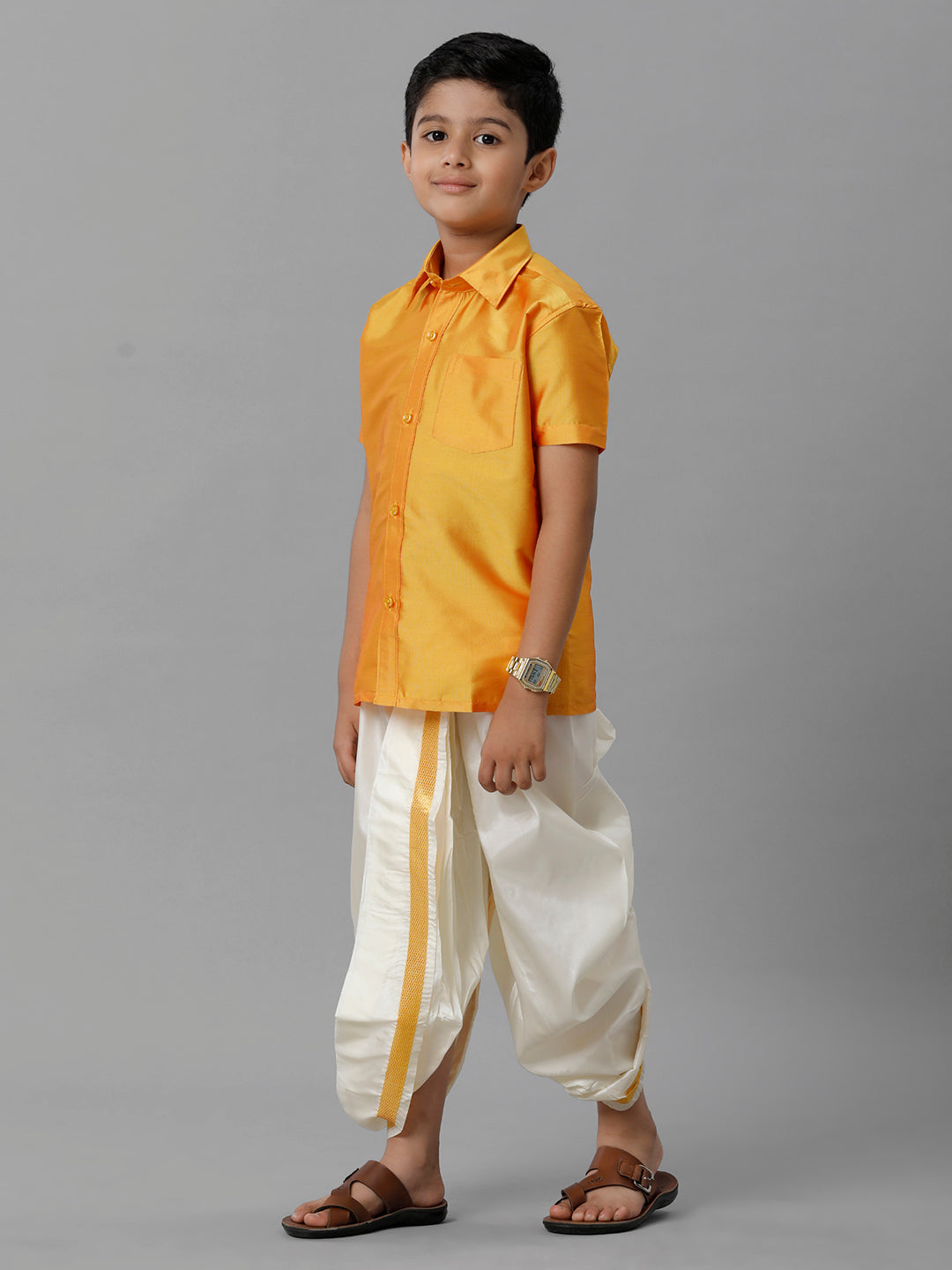 Boys Silk Cotton Yellow Half Sleeves Yellow Shirt with Soft Silk Panchakacham Combo K6-Side view
