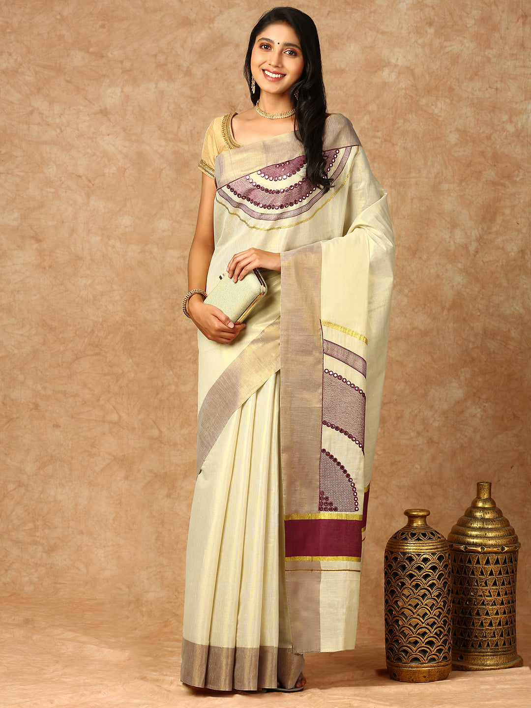 Women Kerala Tissue Gold Printed Saree KS163