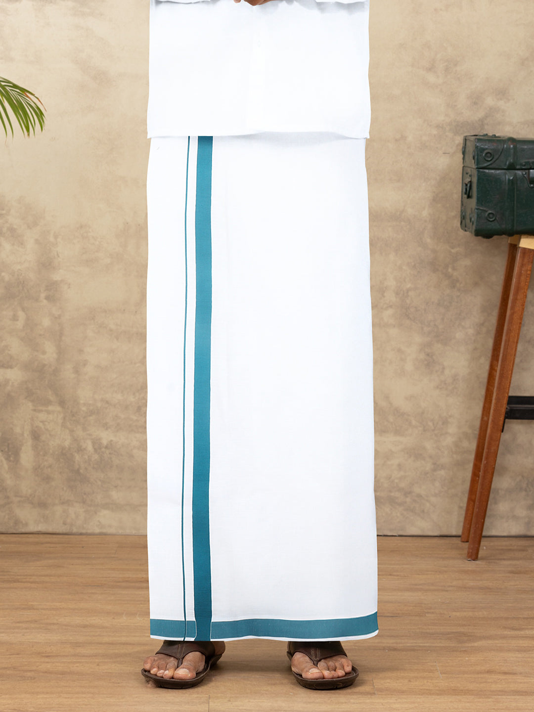 Men Cotton Blend Readymade Single Layer White Dhoti with Big Border GACS20