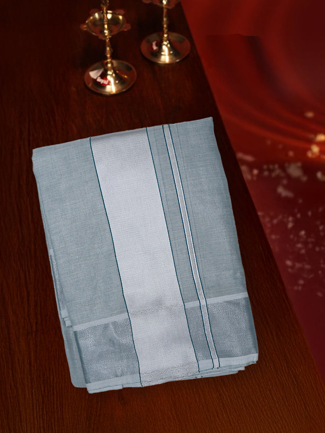 Men Tissue Silver Jari Border Panchakacham with Angavasthram Set (9+5) Gangotri GGC01