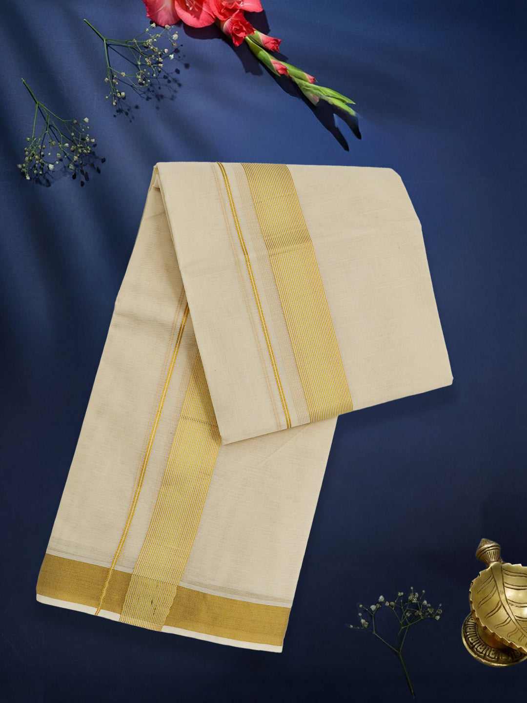 Men Premium Cotton Double Layer Cream Dhoti with Fancy Jari Border LC26