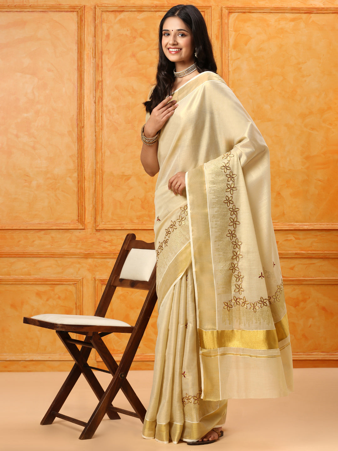 Kerala Cream Gold Jari Embroidery Saree KS112