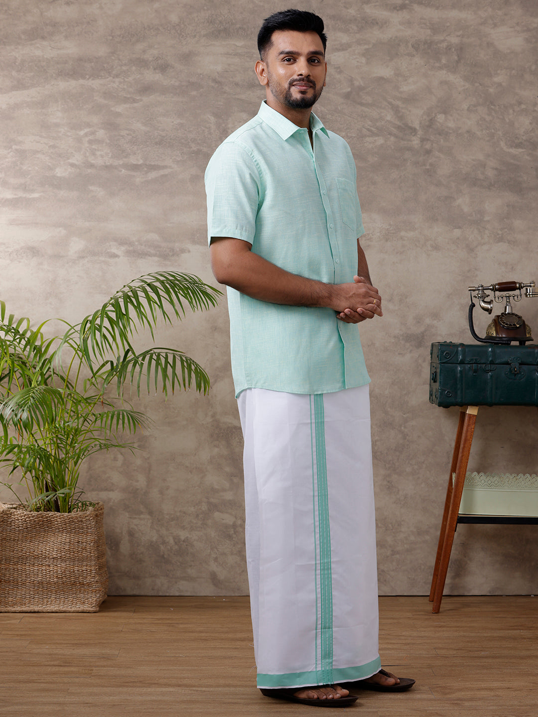 Men Matching Border Dhoti & Shirt Set Half Light Pista Green C83