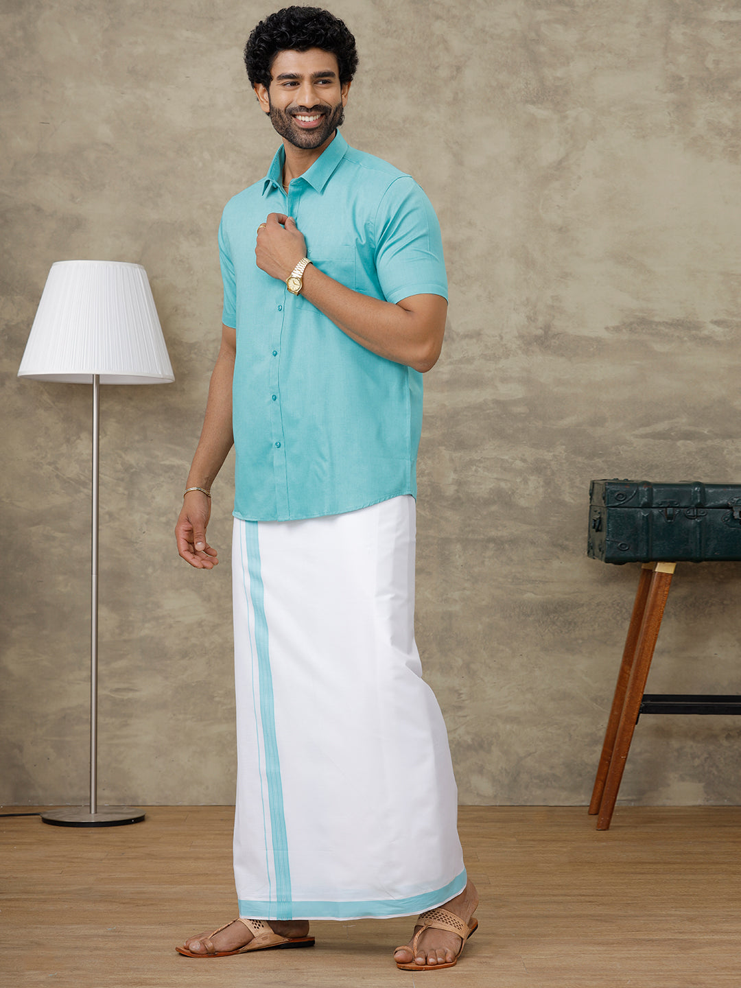 Men Turquoise Blue Shirt With Matching Border Dhoti Set Evolution