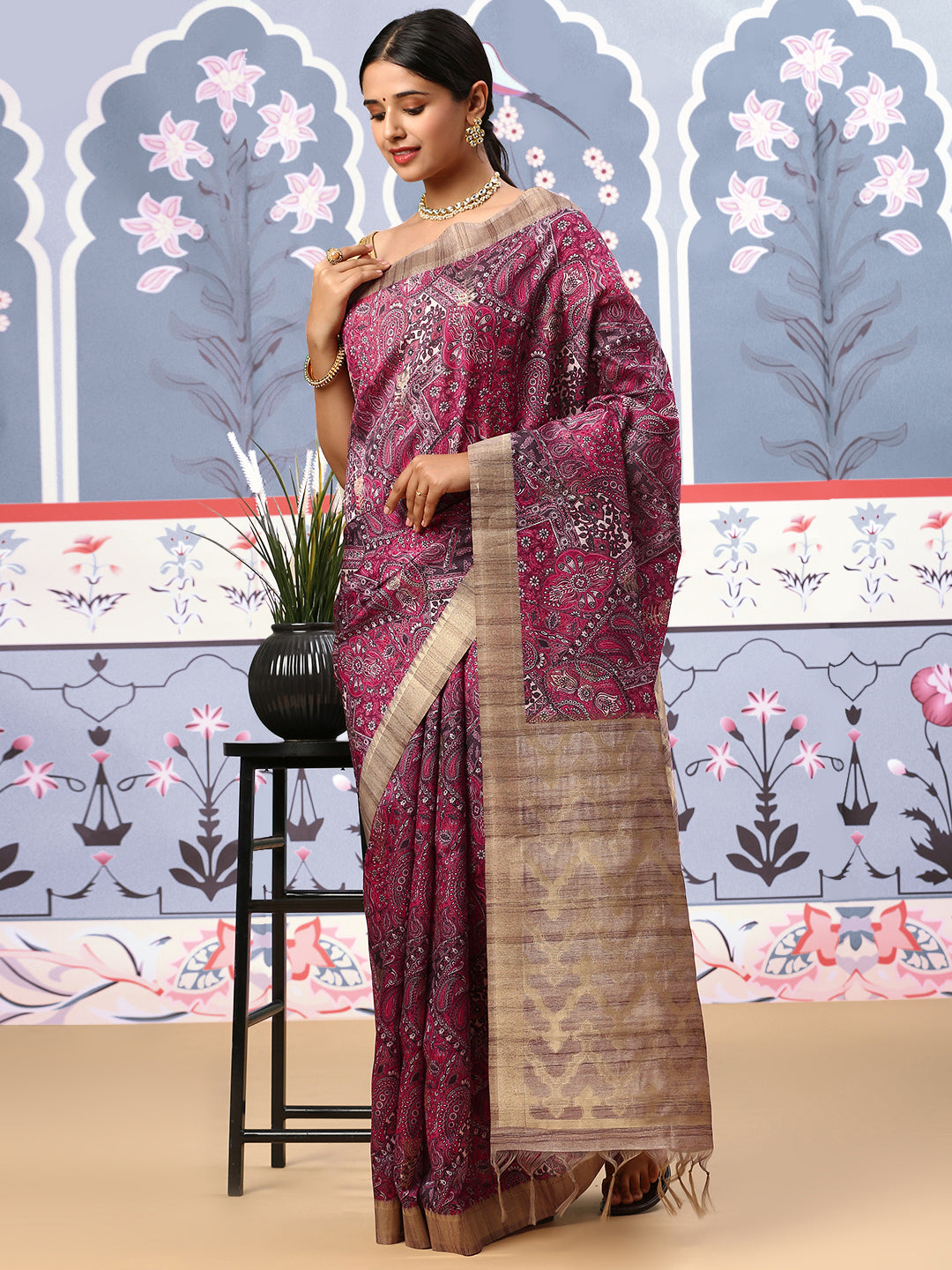 Womens Semi Tussar Weaving Saree Pink ST134