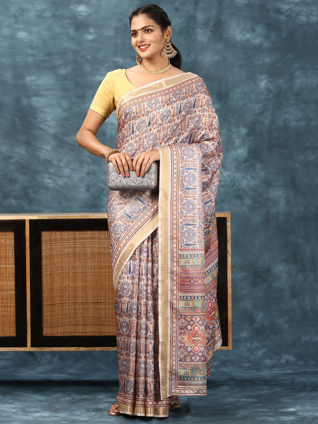 Women Semi Silk Print Saree Peach SS183