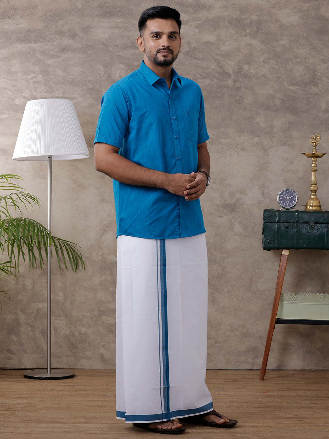 Men Blue Matching Border Dhoti & Half Sleeves Shirt Set Evolution IC4