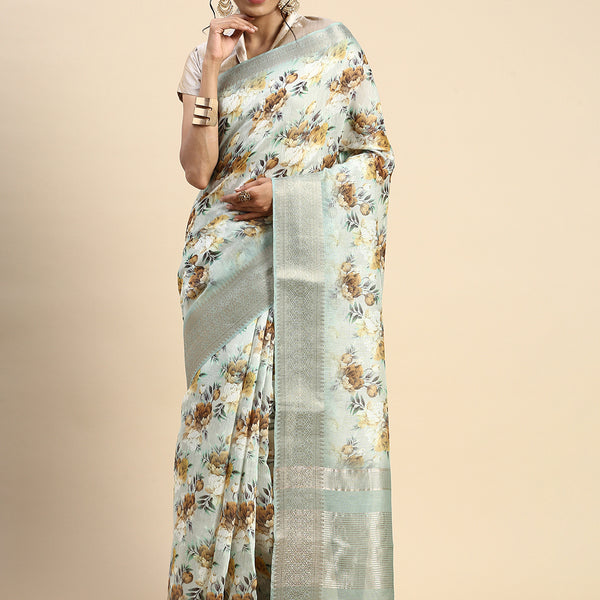 Semi Kora Cotton Allover Design Saree Grey with Zari Border SKC01
