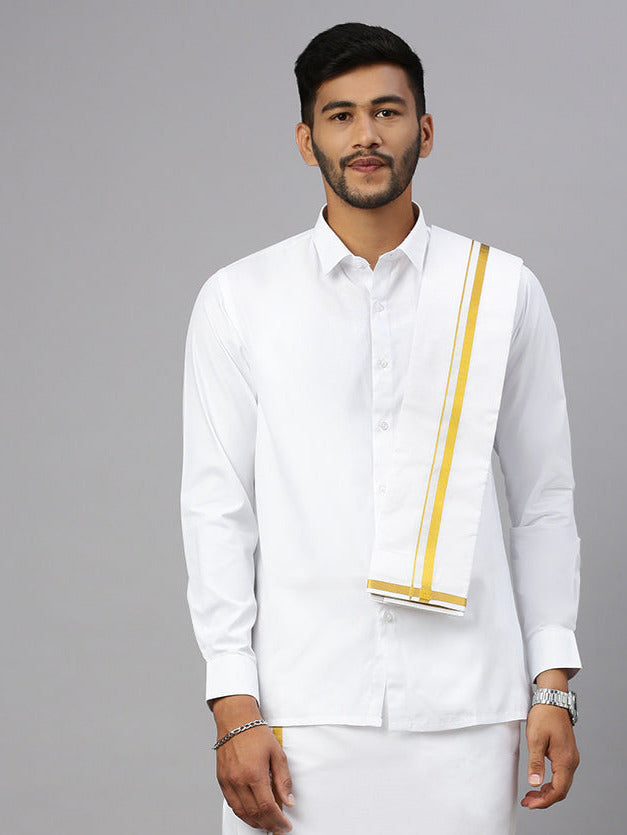 Men White Shirt with 3/4" inch Gold Jari Border Double Layer Dhoti Towel & Belt Combo