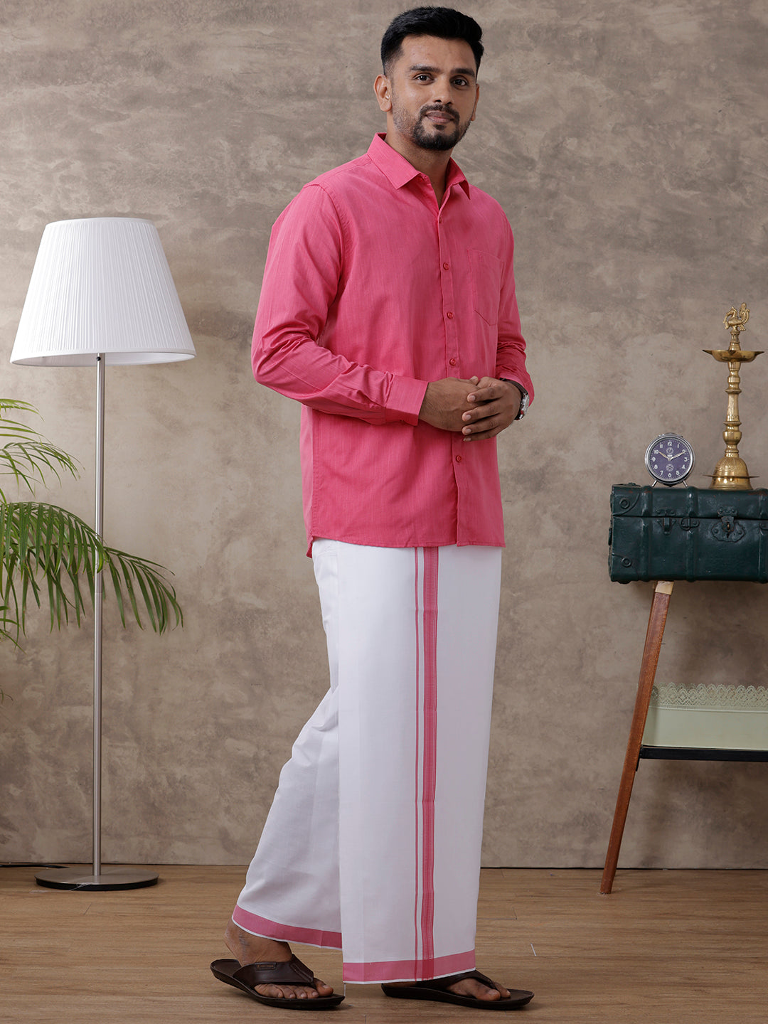 Men Pink Matching Border Dhoti & Full Sleeves Shirt Set Evolution IC2