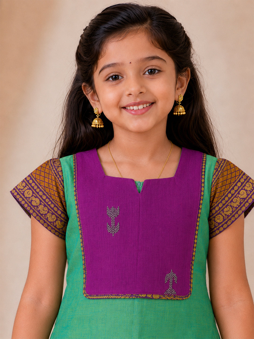 Girls Cotton Green with Violet Pattu Pavadai Set GPS49