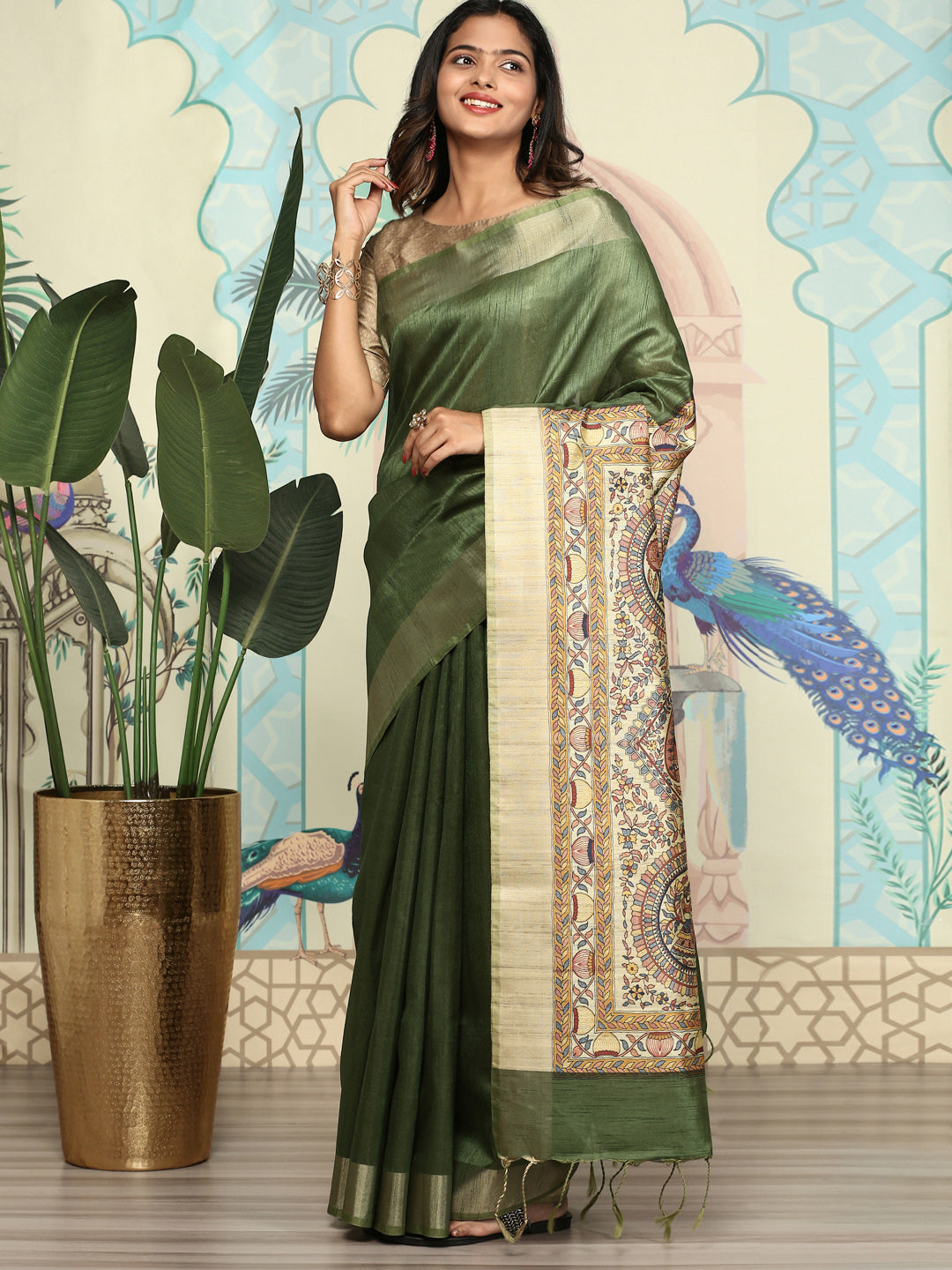 Women Semi Raw Silk Saree Green SRS65