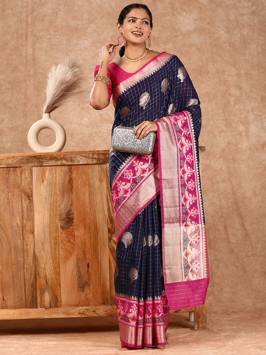 Women Semi Raw Silk Weaving Saree Blue SRS90