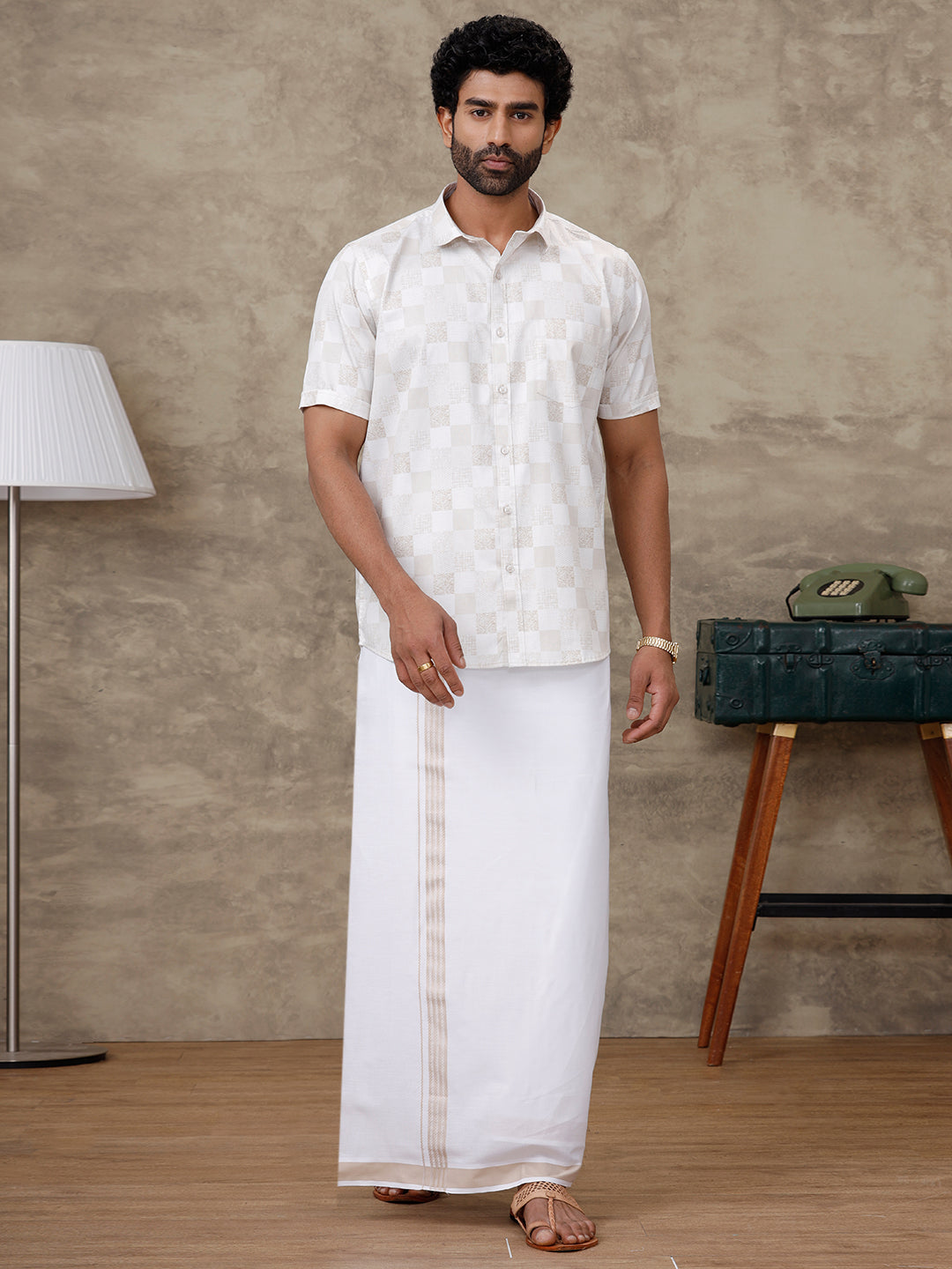 Men Cream Matching Border Dhoti With Printed Shirt Set Fusion PS1