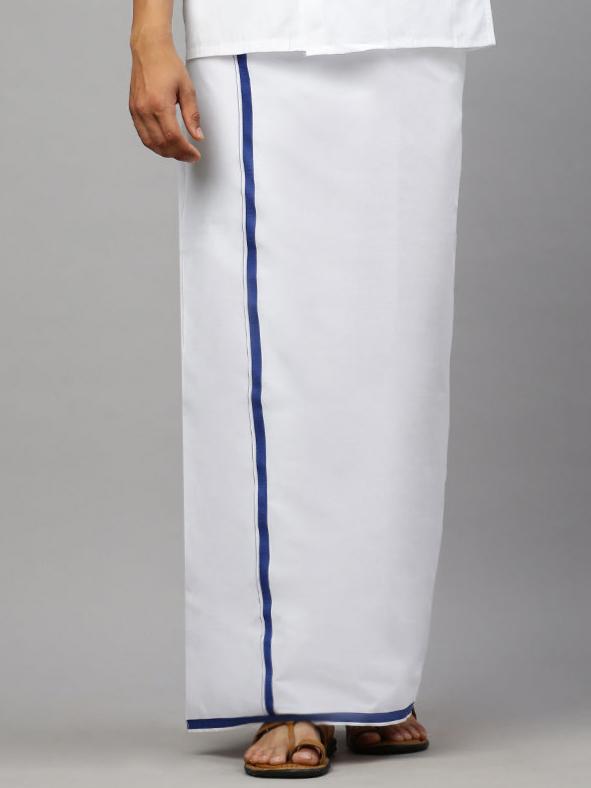 Men Blue Border Single Dhoti White Marina