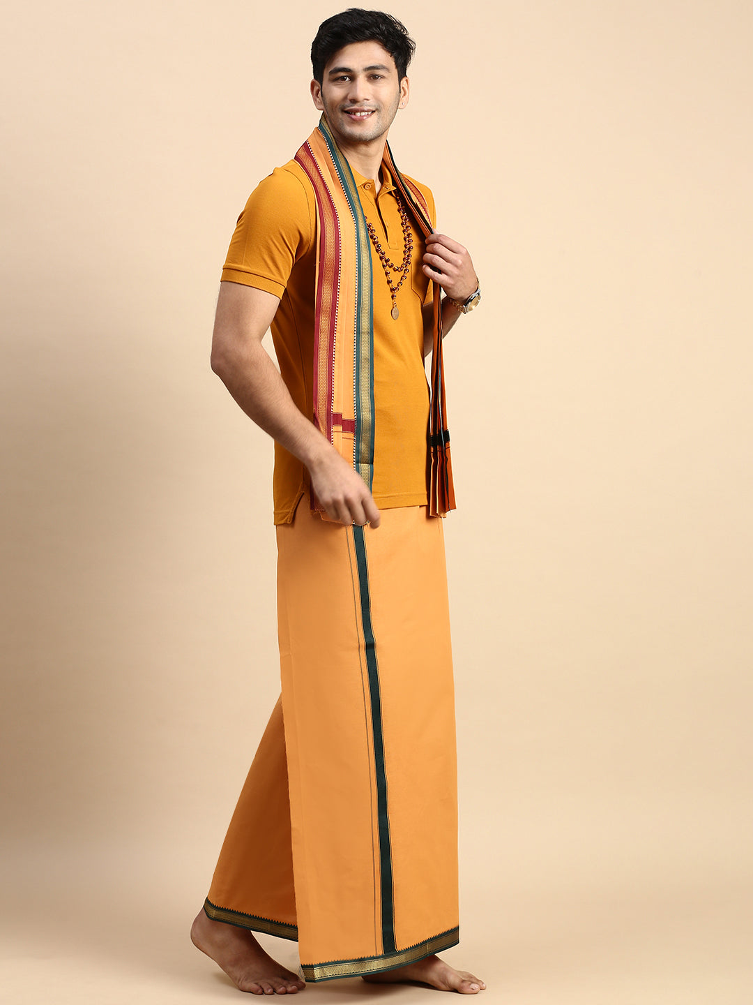 Men Devotional Mayilkhan Border Dhoti with Towel & TShirt Set Kaavi EP41