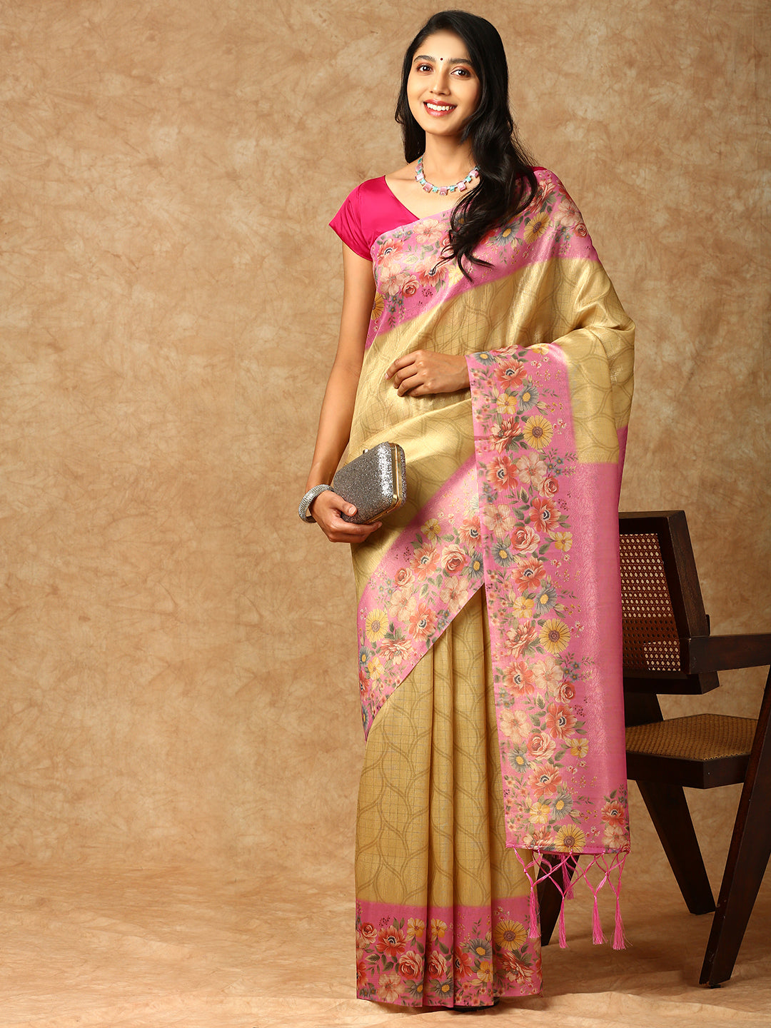 Women Tissue Printed Semi Silk Saree Gold SS313