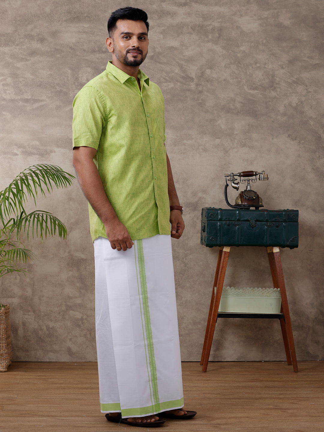 Mens Matching Border Dhoti & Shirt Set Half Green C82