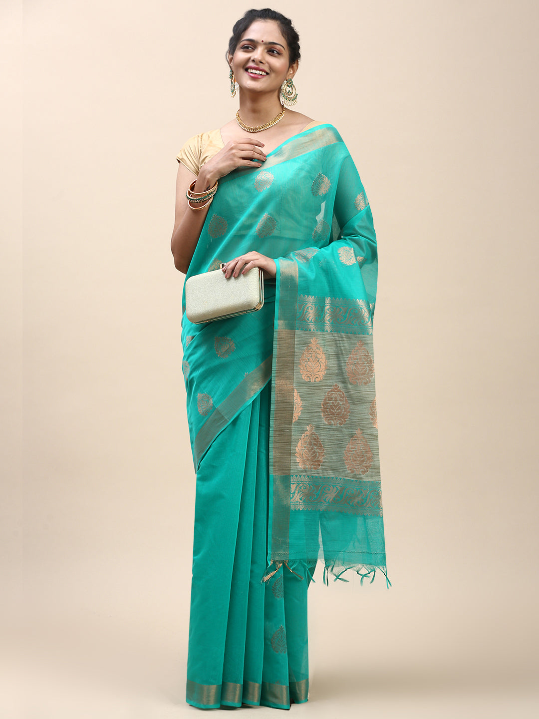 Women Semi Cotton Saree Green SC31