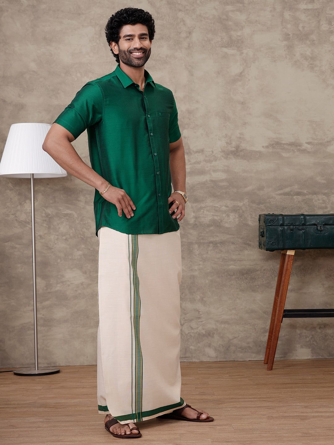 Men Parsley Green Silk Cotton Shirt With Matching Border Tissue Dhoti Set CCB Fortune