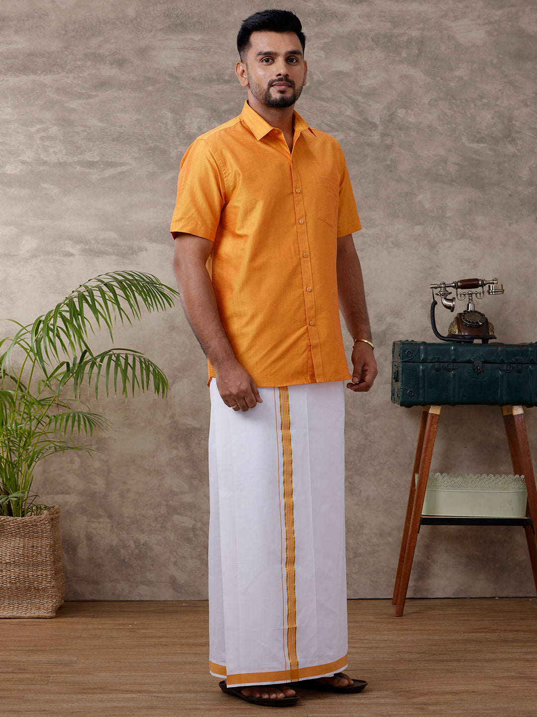 Mens Matching Jari Border Dhoti & Shirt Set Half Yellow VB2