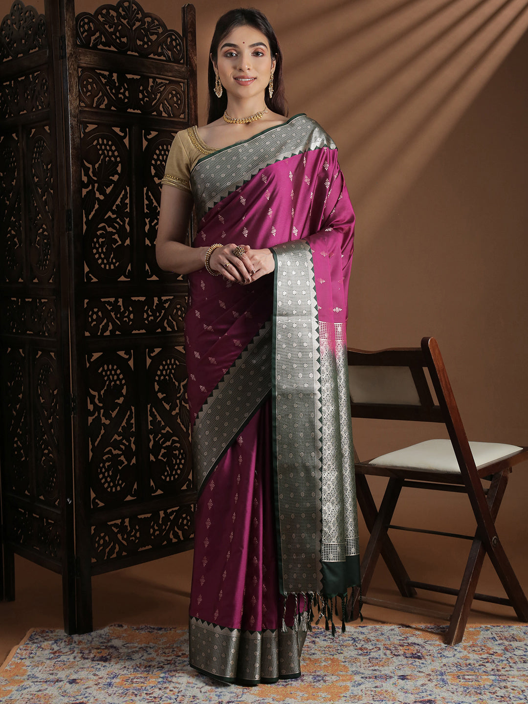 Couple Combo Shirt & Dhoti Set with Saree Magenta SS411