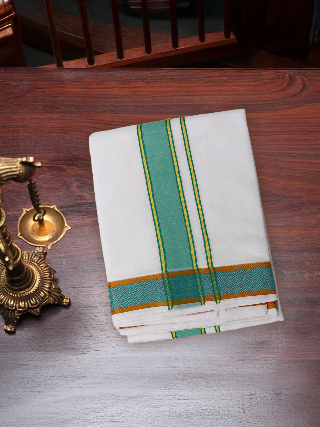 Men Cotton Green Fancy Border Panchakacham with Angavasthram Keerthisena (9+5) KS01